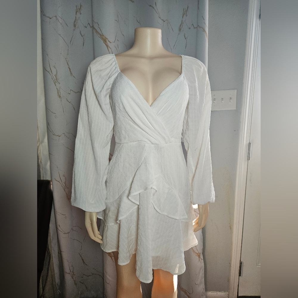 Trixxi White Long Sleeve Ruffle Wrap Mini Dress